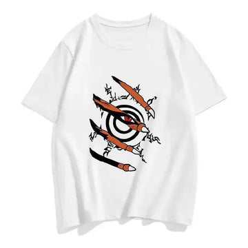 White t-shirt with a black and orange design on a white background