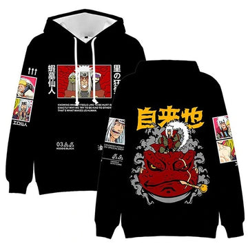 Black hoodie with anime-themed graphics and text on a white background
