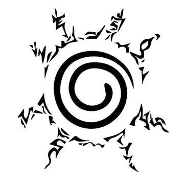 Black spiral design with tribal patterns on a white background