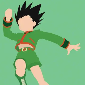 Animated character in green outfit with black spiky hair on a green background