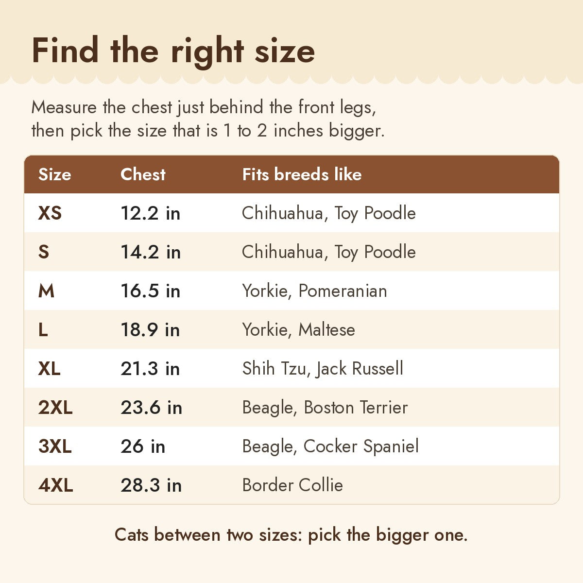 Eevee pet hoodie size chart: chest size and dog breeds for each size, XS to 4XL